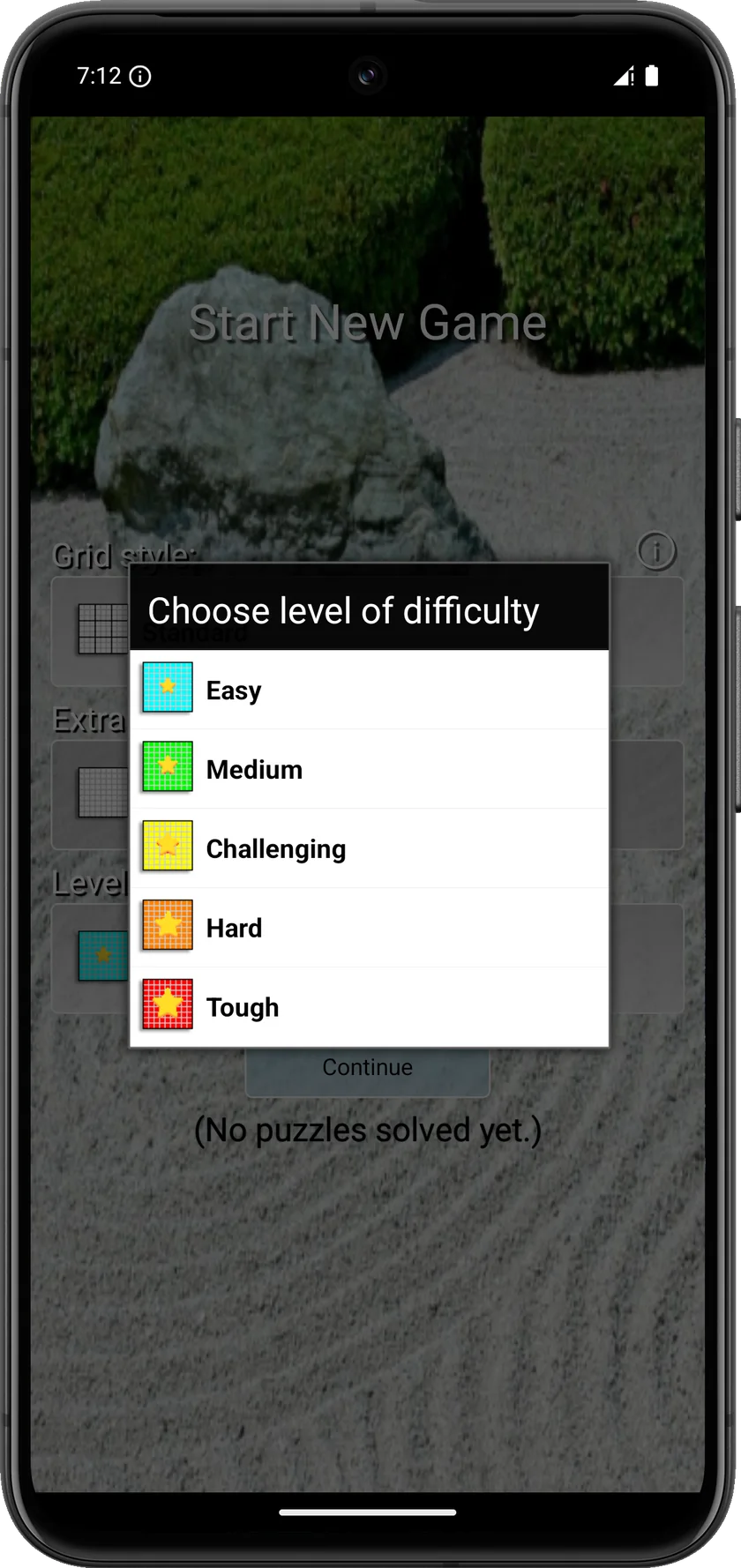 Difficulty selector showing five levels from Easy to Tough