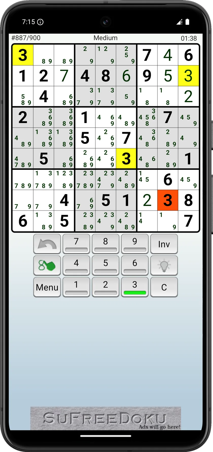 Standard puzzle with classic three by three regions